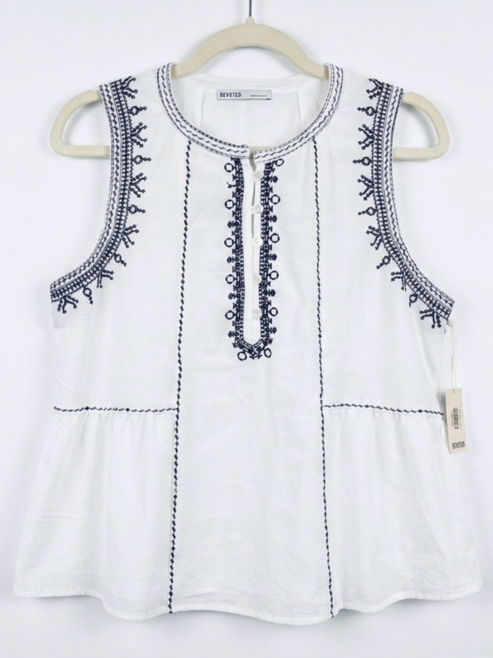 Charming Sleeveless Embroidered Top - White with Black Stitching